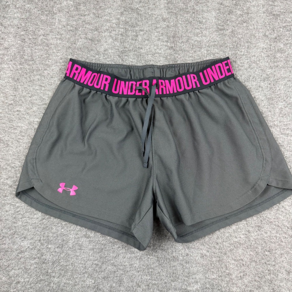 Under Armour Athletic Shorts Womens Medium Grey Pink Logo Elastic Waistband